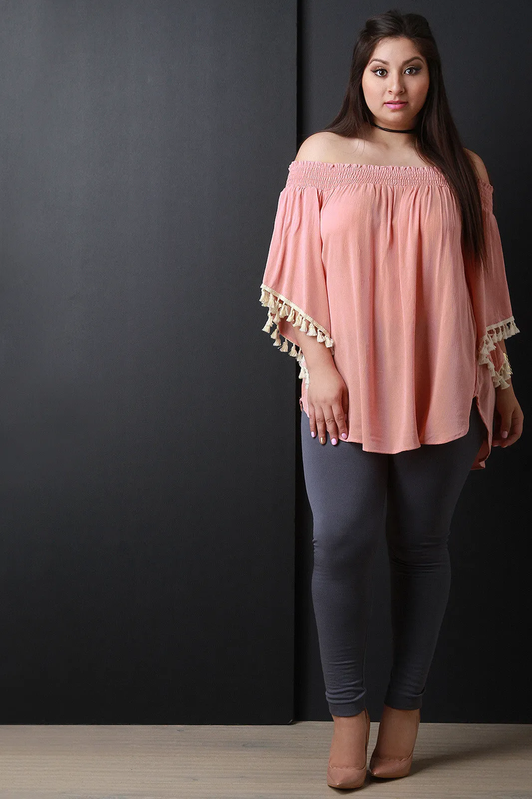 Off-The-Shoulder Tassel Bell Sleeve Blouse Top