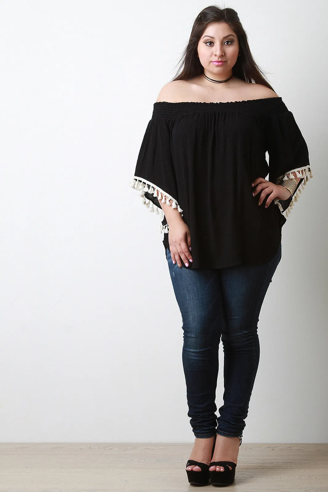 Off-The-Shoulder Tassel Bell Sleeve Blouse Top