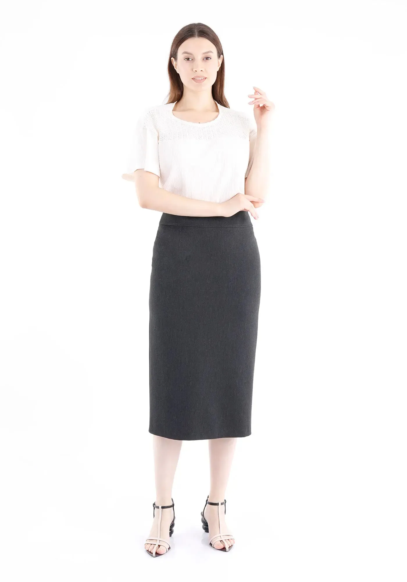 Pencil High Waisted Midi Skirt with Back Slit