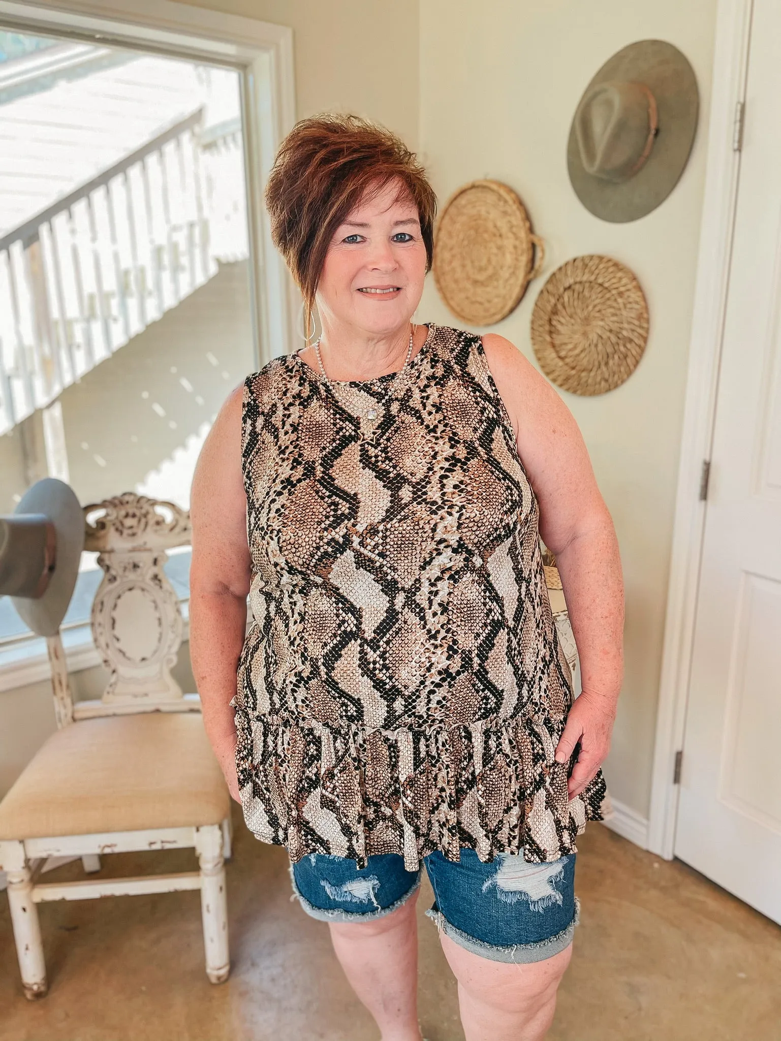 Plus Sizes | Oh So Sneaky Snakeskin Peplum Tank Top in Tan