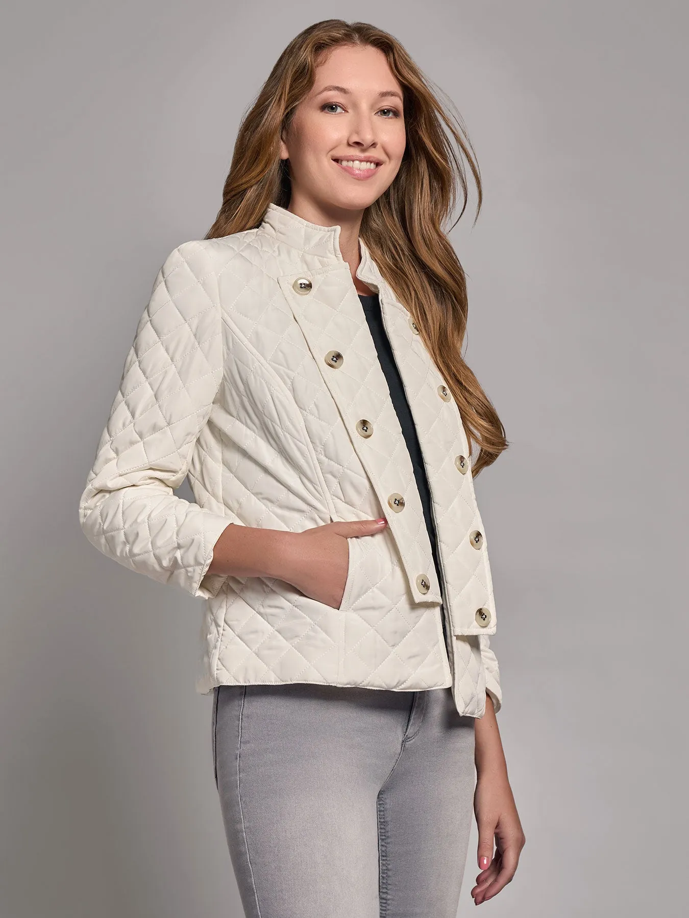 Quilted Button-Detail Military Band Jacket