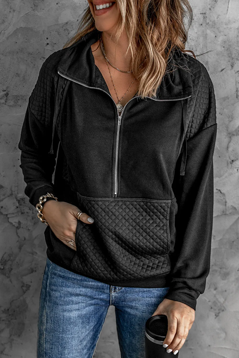 Quilted Patchwork Half Zip Sweatshirt