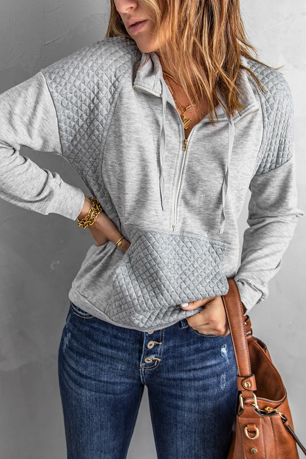 Quilted Patchwork Half Zip Sweatshirt