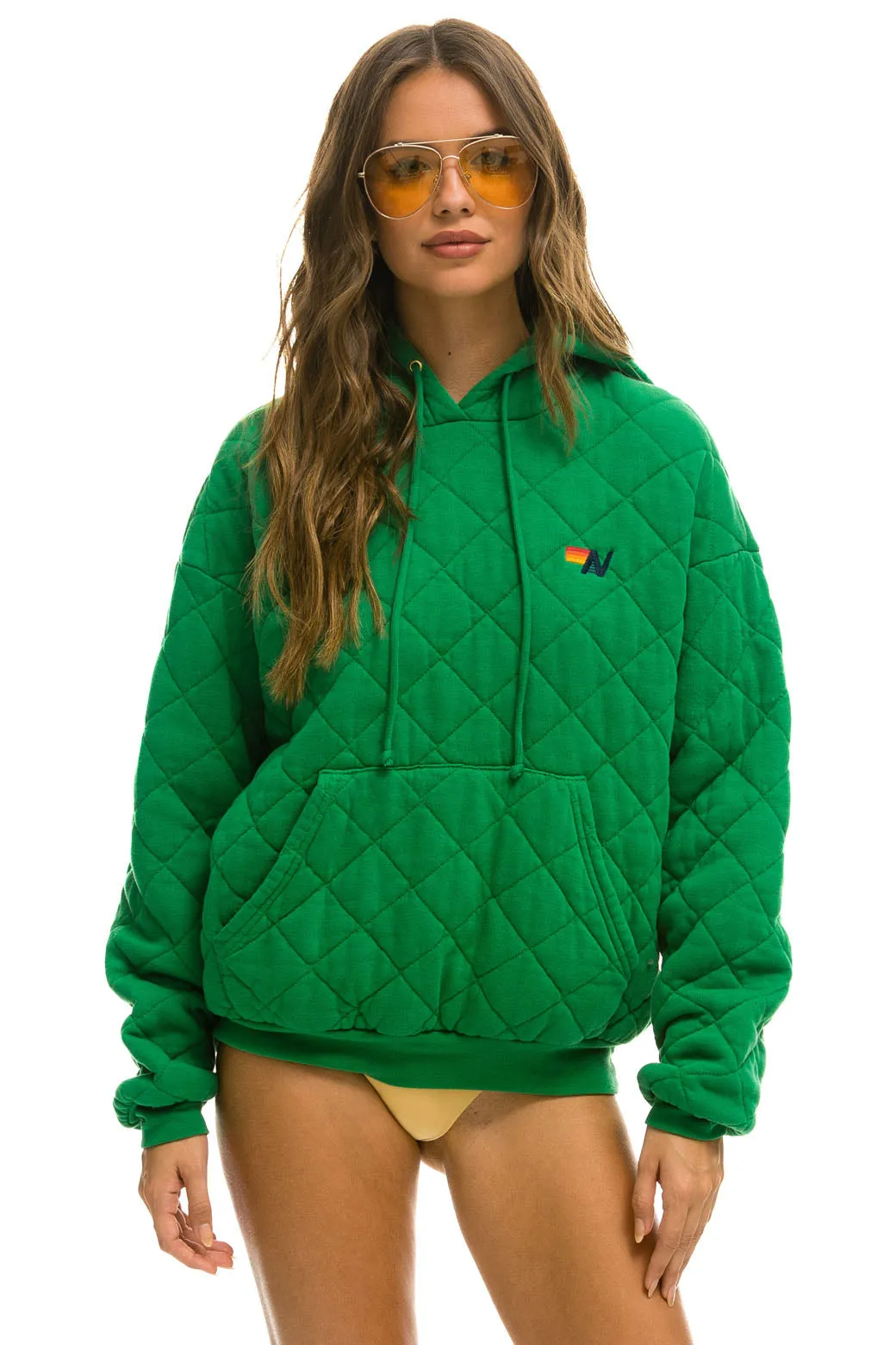 QUILTED RELAXED PULLOVER HOODIE - KELLY GREEN