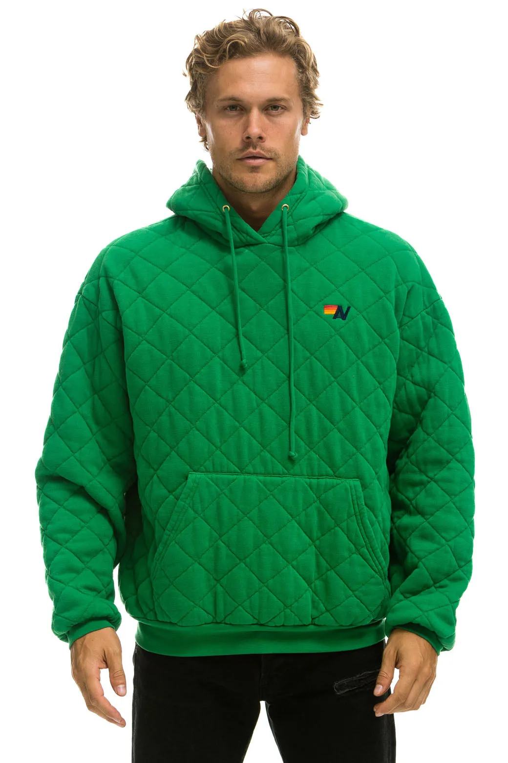 QUILTED RELAXED PULLOVER HOODIE - KELLY GREEN