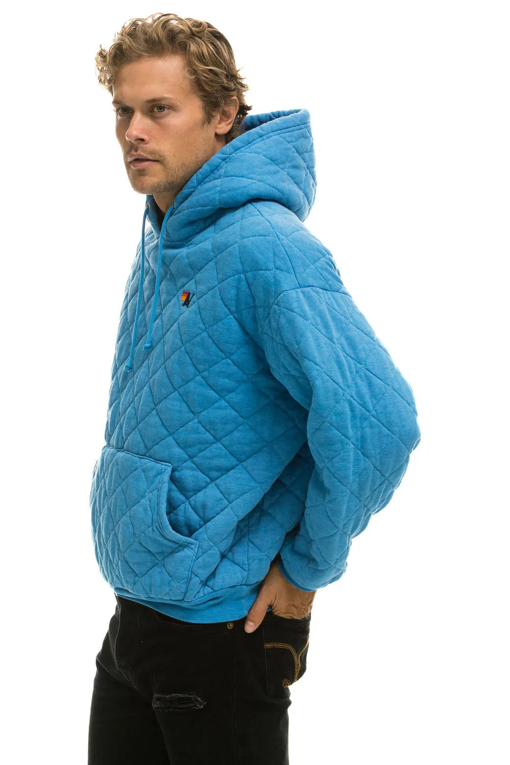 QUILTED RELAXED PULLOVER HOODIE - OCEAN