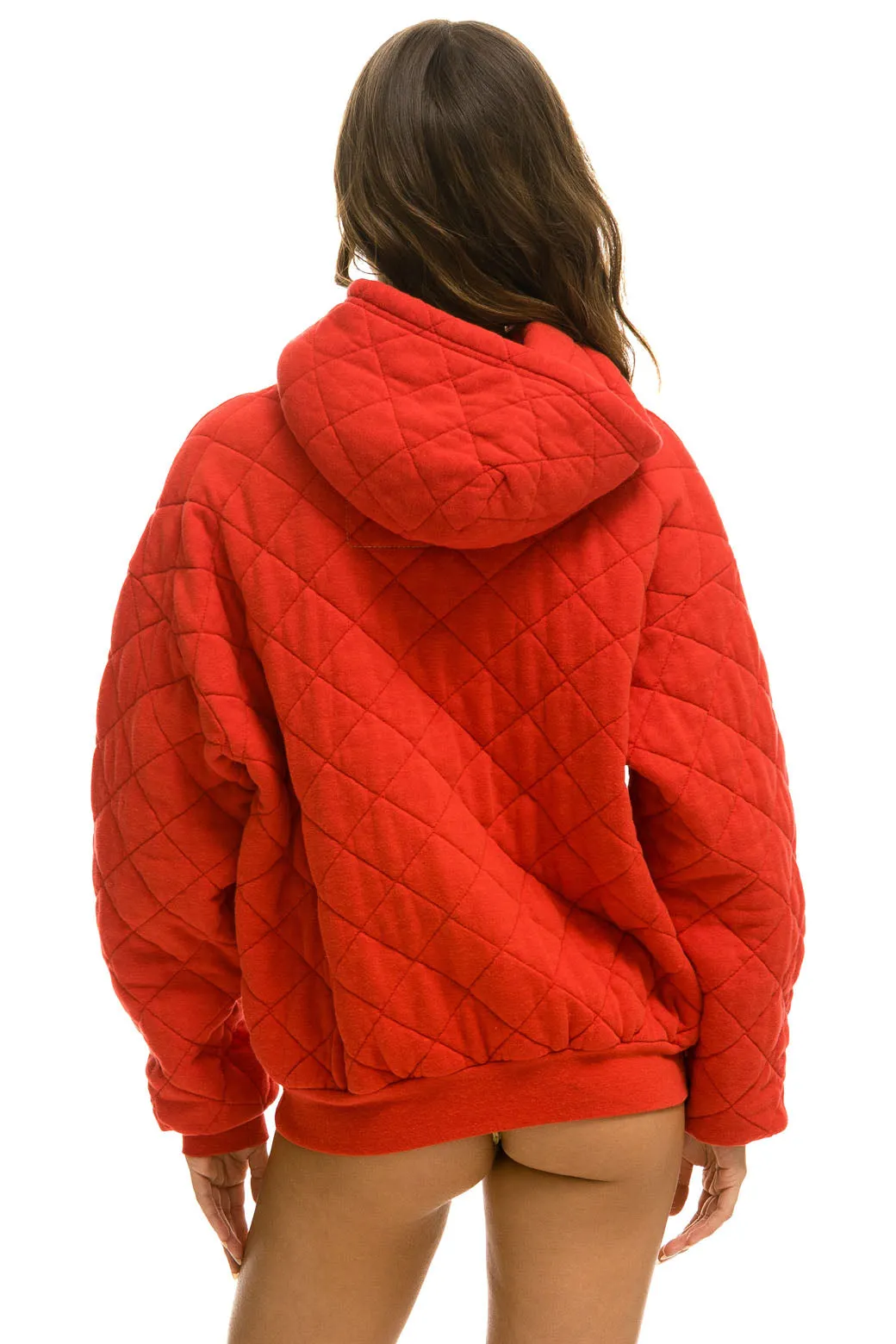 QUILTED RELAXED PULLOVER HOODIE - RED