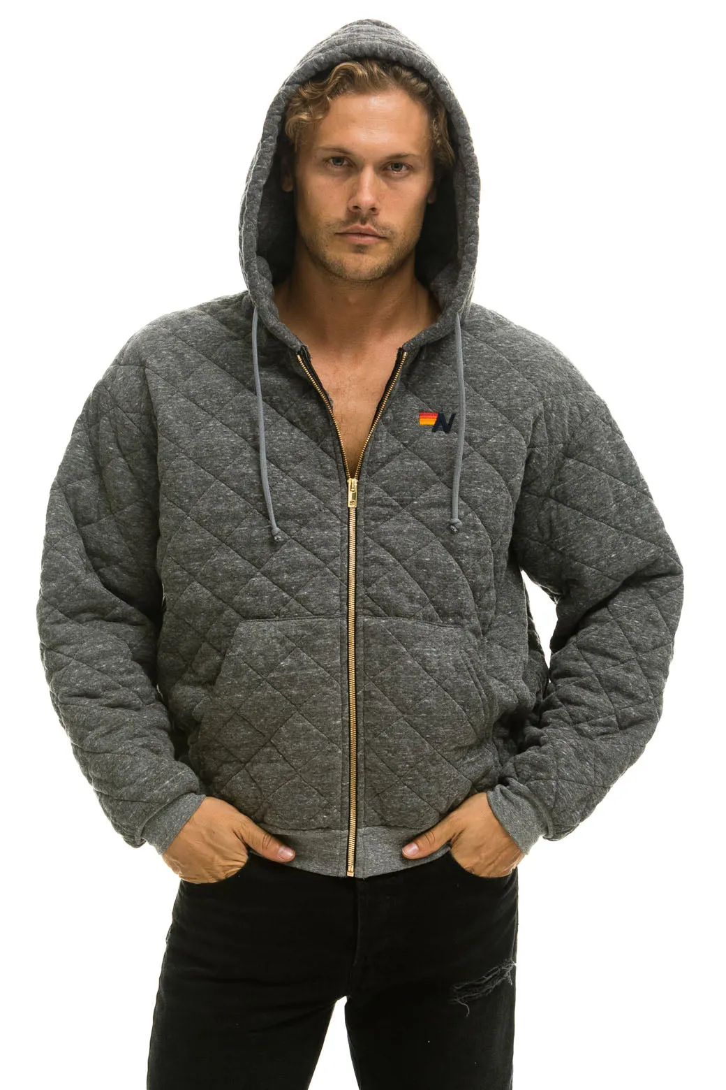 QUILTED ZIP HOODIE RELAXED - HEATHER GREY