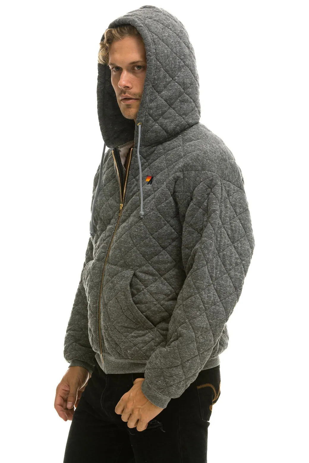 QUILTED ZIP HOODIE RELAXED - HEATHER GREY