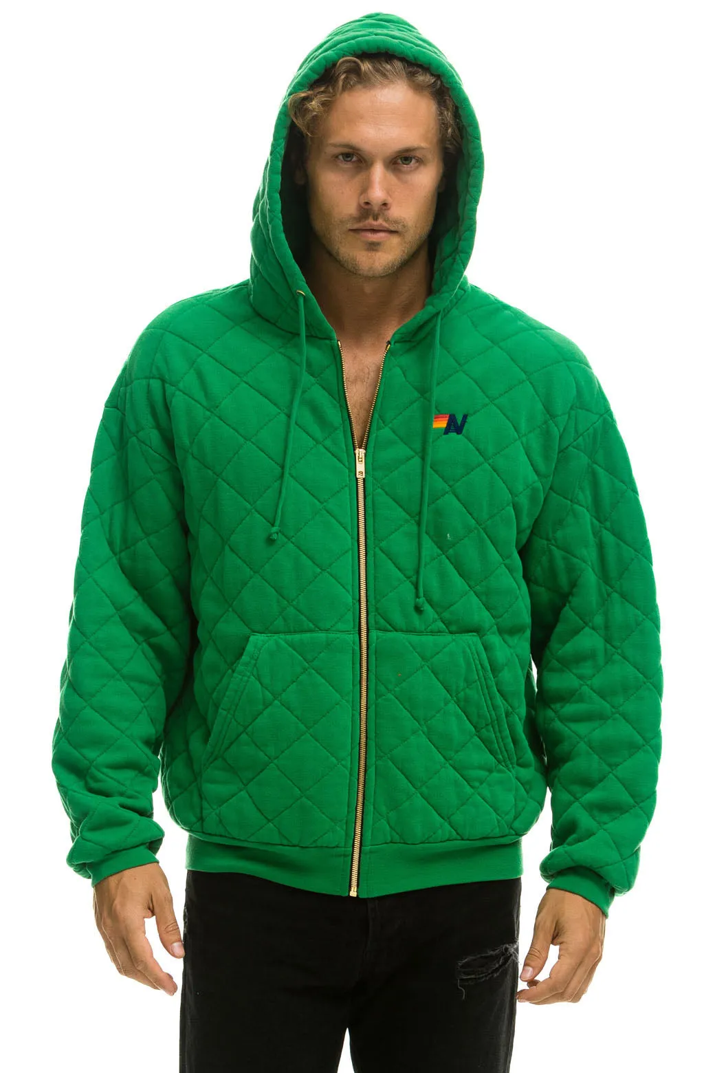 QUILTED ZIP HOODIE RELAXED - KELLY GREEN