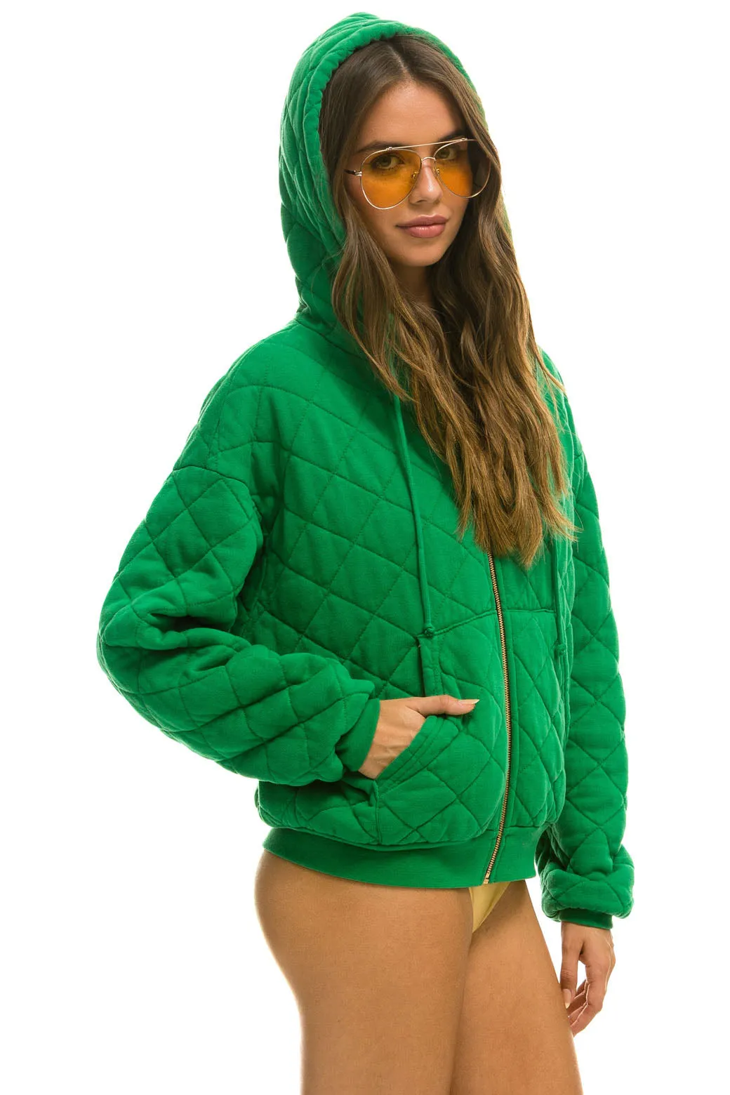 QUILTED ZIP HOODIE RELAXED - KELLY GREEN