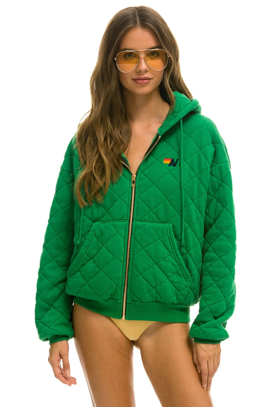 QUILTED ZIP HOODIE RELAXED - KELLY GREEN