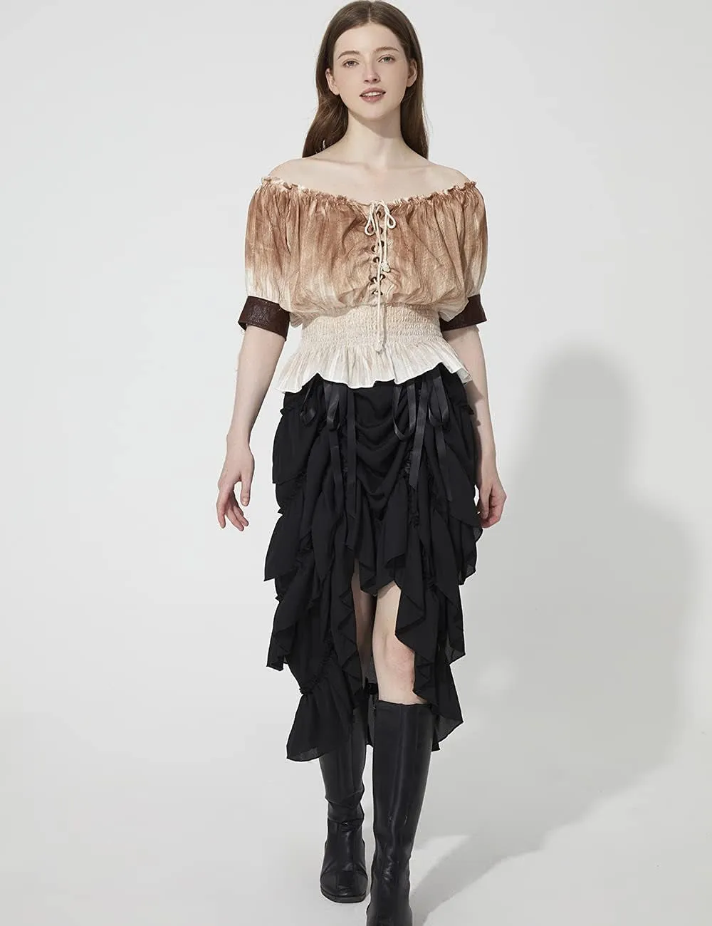 "Chic Black Pirate Steampunk High-Low Skirt for Women - Elegant Renaissance Style (2XL, XX-L)"