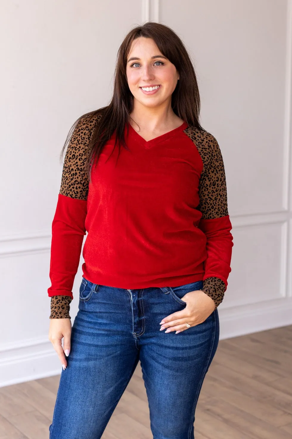 Red Velvet Top with Leopard Details