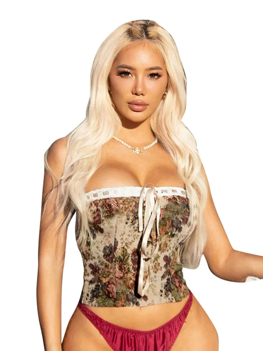 Retro Floral Jacquard Lace Bustiers Strapless Corset Tank Top