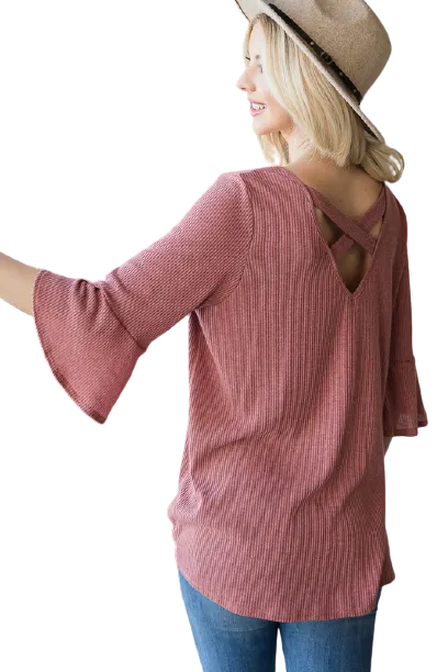 Ribbed Bell Sleeve Top - Mauve