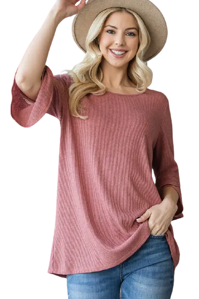 Ribbed Bell Sleeve Top - Mauve