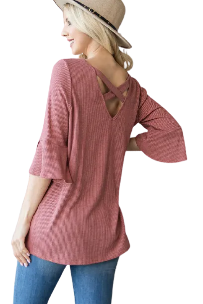 Ribbed Bell Sleeve Top - Mauve