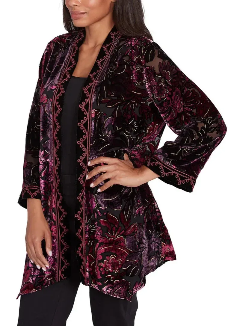 Ruby Rd. Womens Open Front Velvet Burnout Embroidered Cardigan