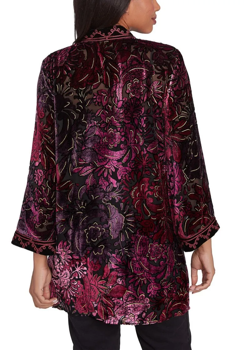 Ruby Rd. Womens Open Front Velvet Burnout Embroidered Cardigan