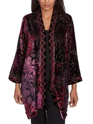 Ruby Rd. Womens Open Front Velvet Burnout Embroidered Cardigan