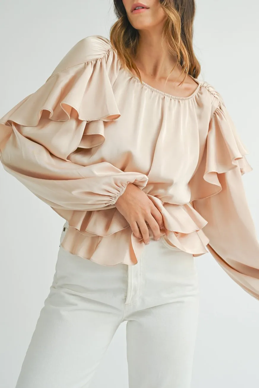 Ruffle Keyhole Back Peplum Blouse