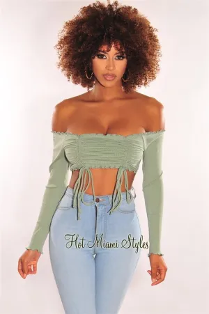 Sage Ribbed Off Shoulder Drawstring Tie Up Crop Top