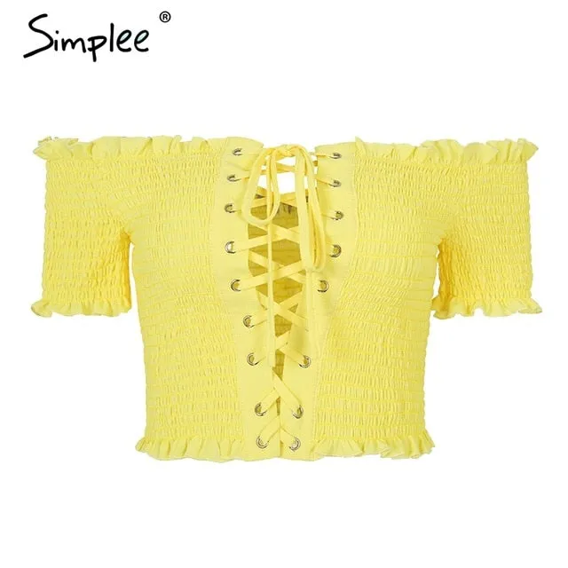 Simplee Off shoulder print sexy tank top Ruching ruffle  lace up tops tee women Short sleeve summer white camisole shirt