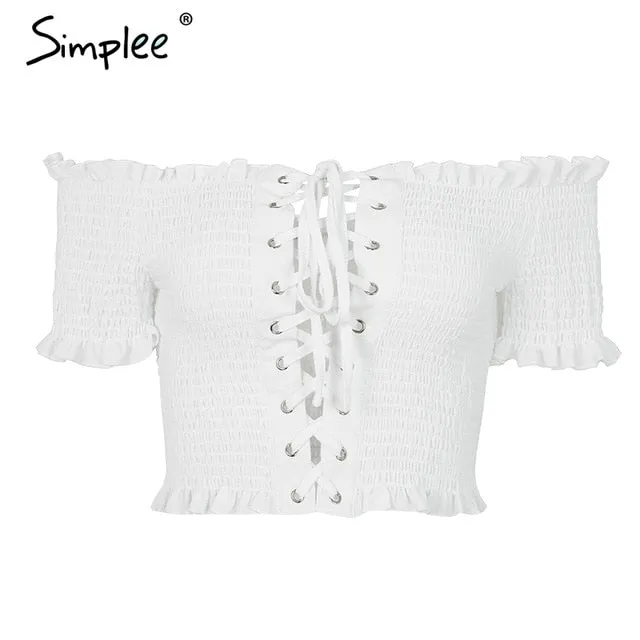 Simplee Off shoulder print sexy tank top Ruching ruffle  lace up tops tee women Short sleeve summer white camisole shirt