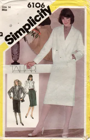 Simplicity 6106 TAHARI Womens Drop Waisted Wrap Jacket Puffy Sleeved Blouse & Skirt 1980s Vintage Sewing Pattern Size 14 Bust 36 inches UNCUT Factory Folded