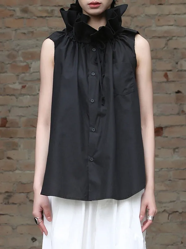 Sleeveless Pleated Solid Color Statement Collar Blouses&Shirts Tops