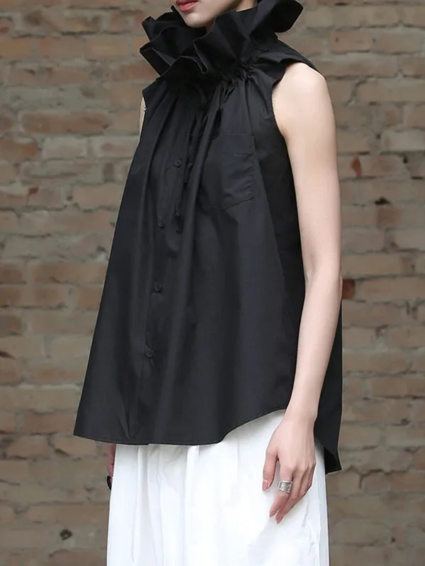 Sleeveless Pleated Solid Color Statement Collar Blouses&Shirts Tops