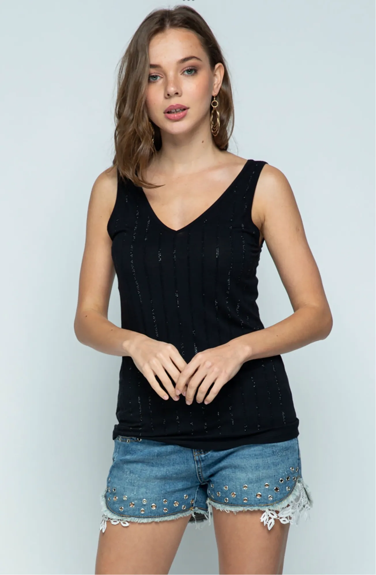 Sleeveless V-Neck Top with Rhinestones