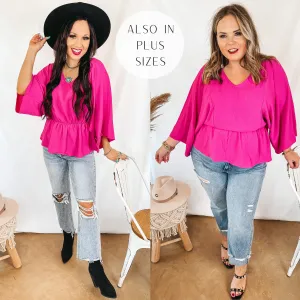 Switch It Up 3/4 Drop Sleeve Peplum Blouse in Fuchsia Pink