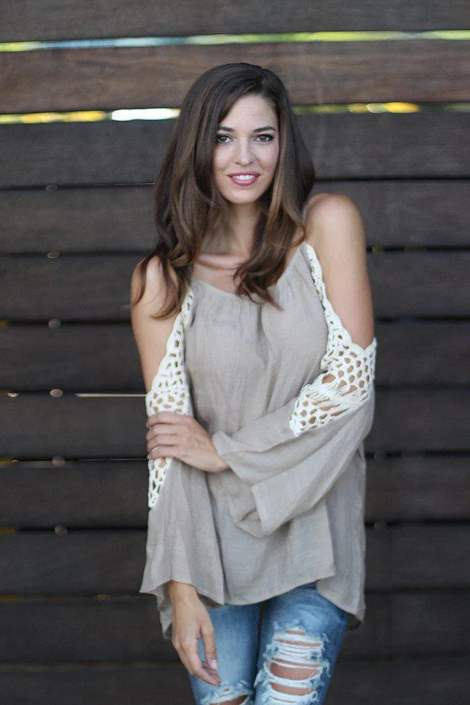 Taupe Off Shoulder Top With Crochet Detail