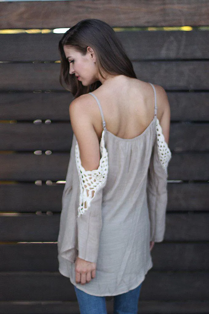 Taupe Off Shoulder Top With Crochet Detail