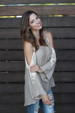 Taupe Off Shoulder Top With Crochet Detail