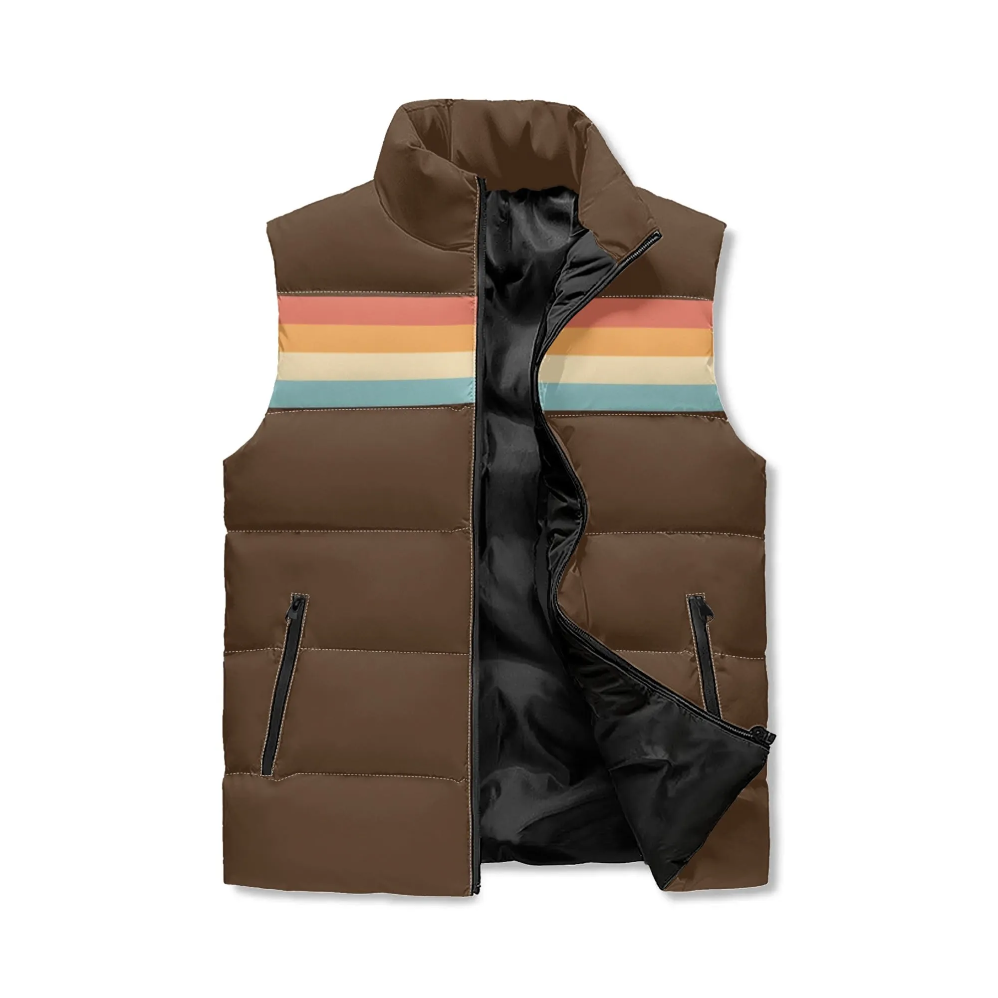 Title: 70s Style Brown Stripe Puffer Vest | Groovy Retro Quilted Sleeveless Winter Jacket