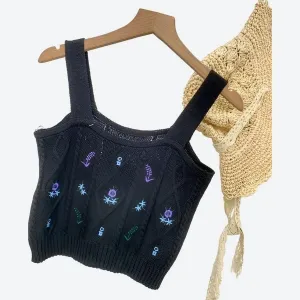 Trendy Embroidered Knit Crop Tops