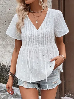 Trendy Short Sleeve Blouse: Casual Fit, Semi-Sheer, and Drawstring Tie