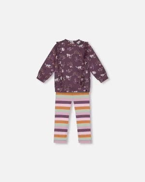 Tunic Mauve Printed Cats And Striped Leggings Set