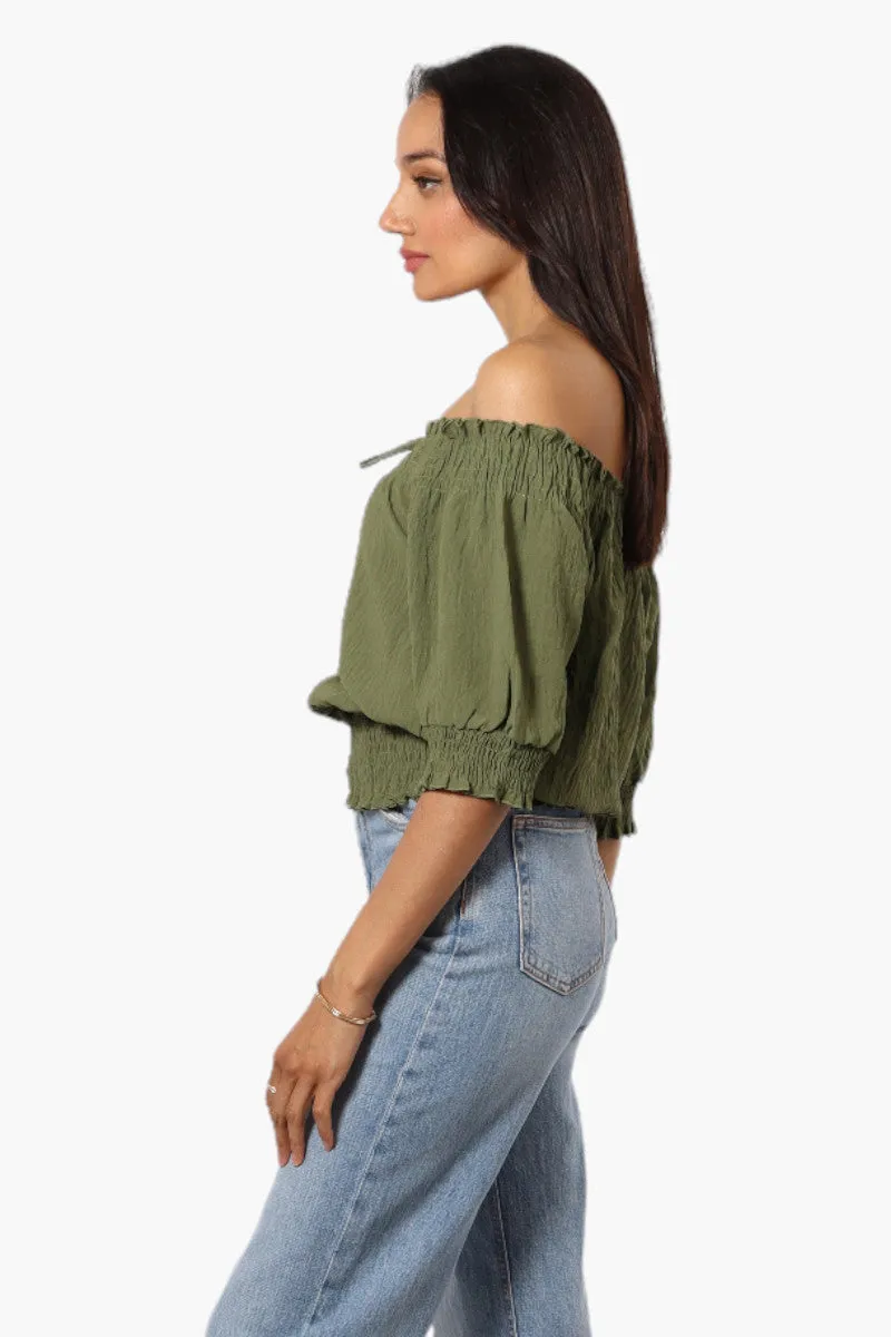 Urbanology Off Shoulder Tie Front Smock Blouse - Olive