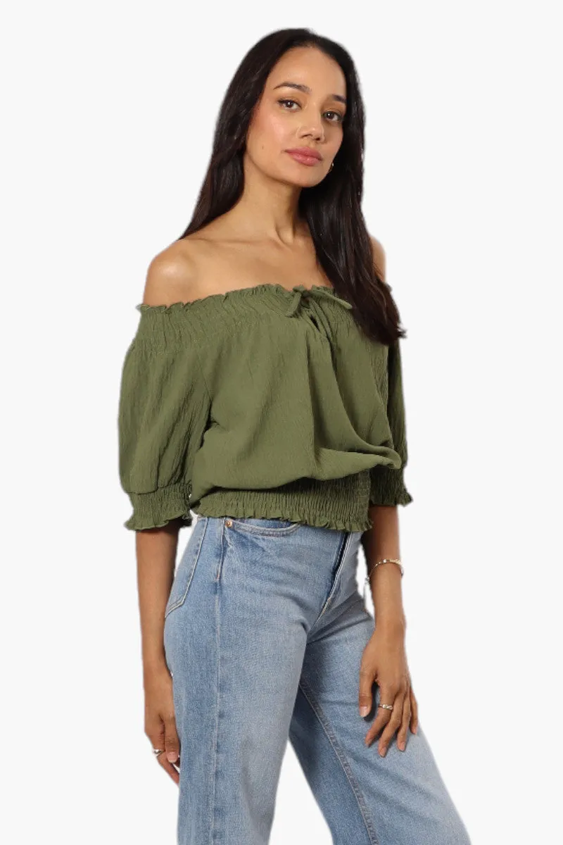 Urbanology Off Shoulder Tie Front Smock Blouse - Olive