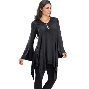 V Neck Long Bell Sleeve Embroidered Tunic Chemise Blouse