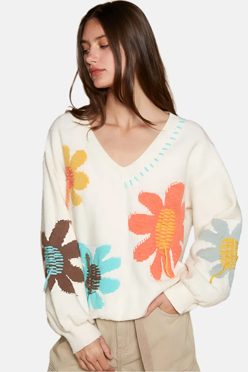 V-Neck Long Sleeve Flower Fringe Sweater