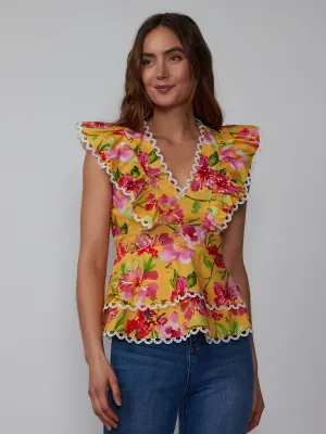 V Neck Scalloped Trim Floral Peplum Blouse