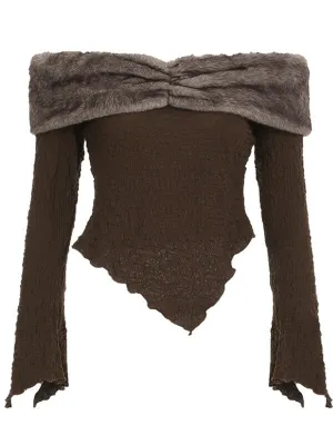 Vintage brown textured furry off-shoulder top