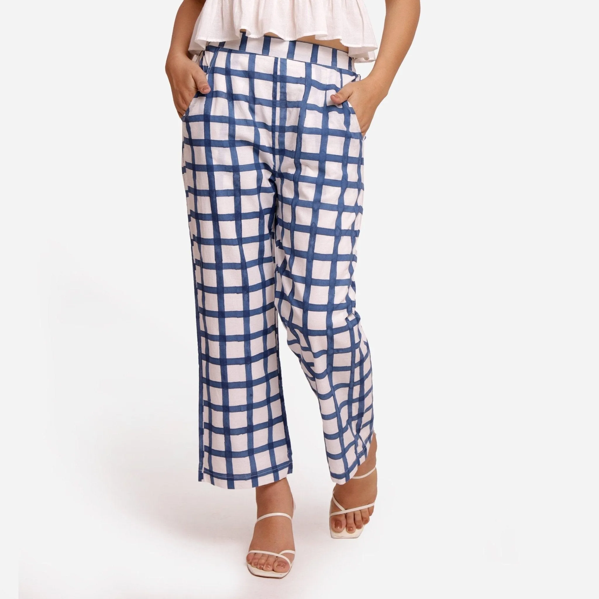 White and Blue Checks Block Print Ankle Length Cotton Pant