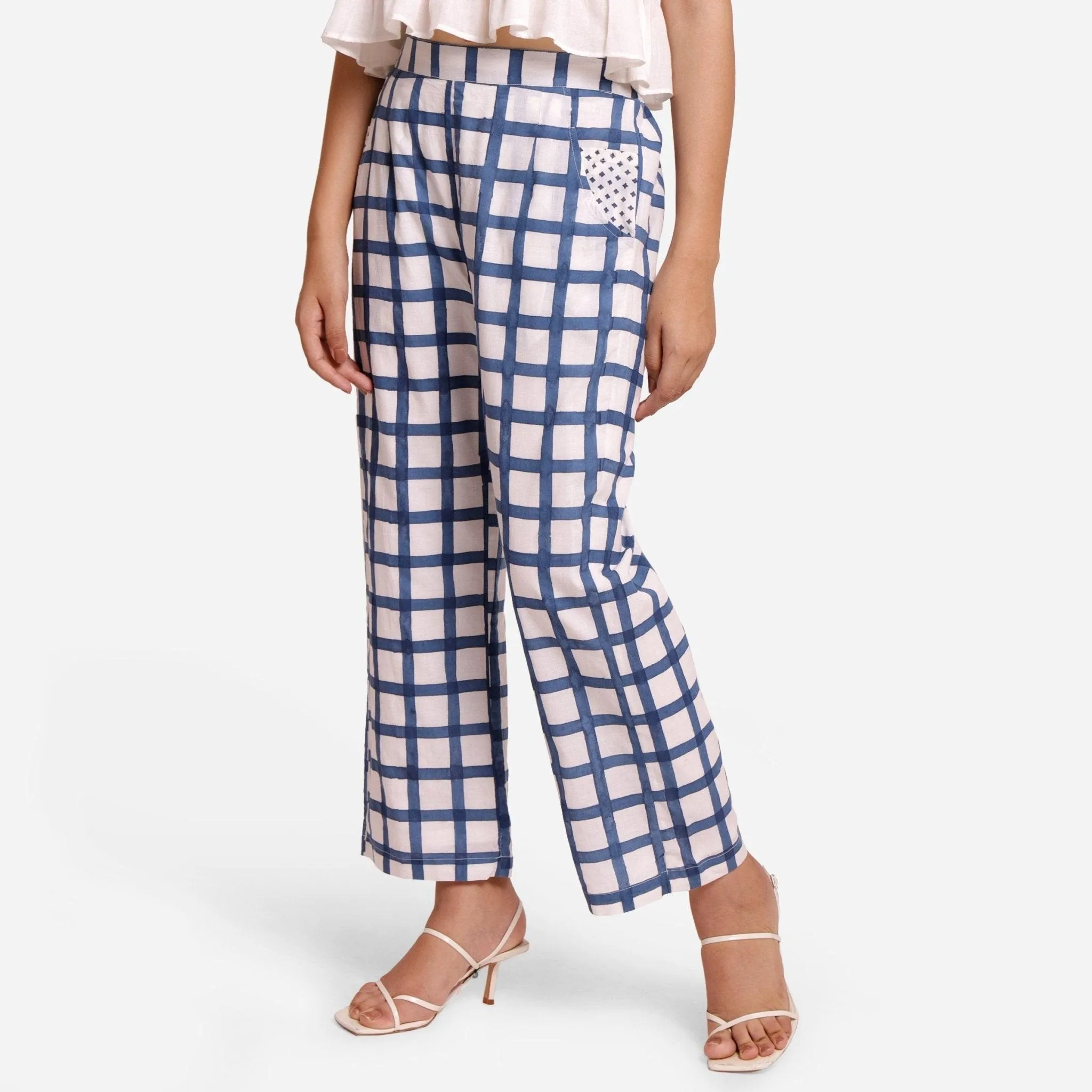 White and Blue Checks Block Print Ankle Length Cotton Pant