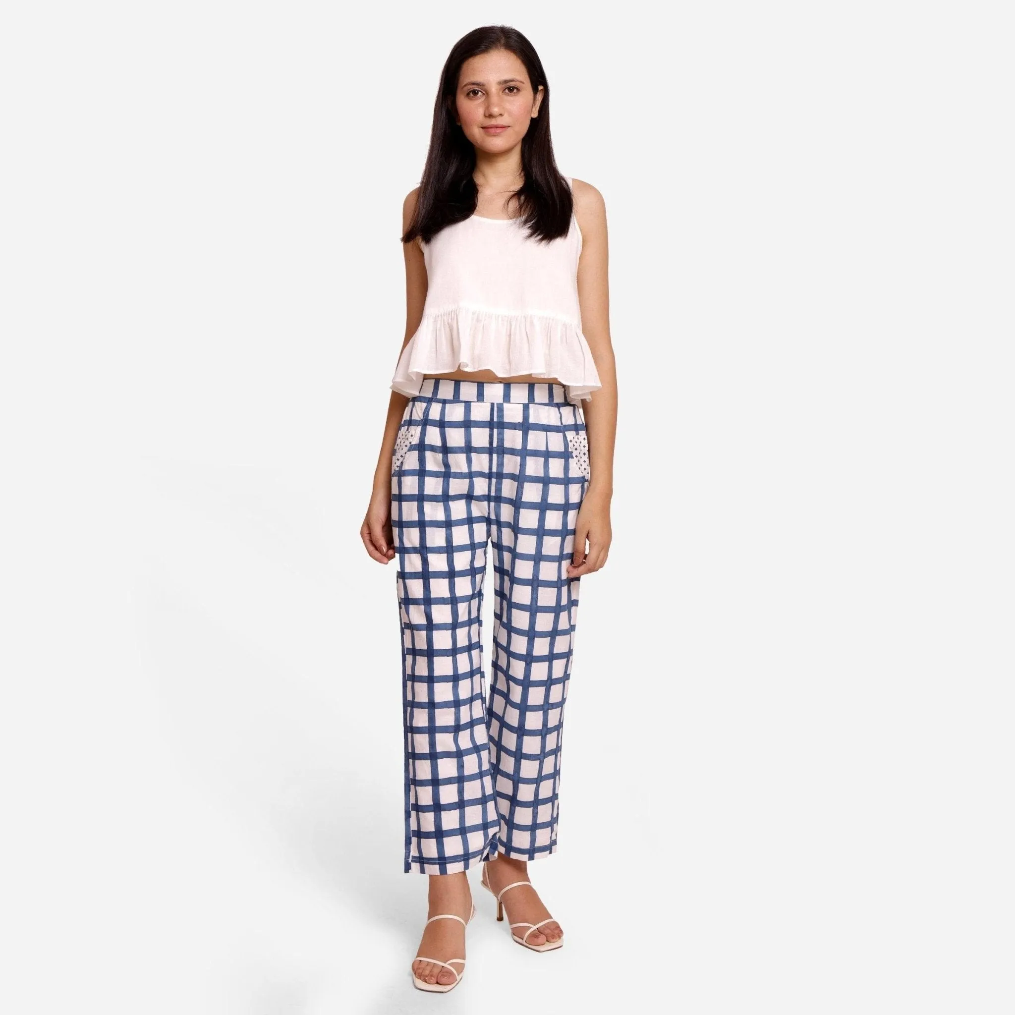 White and Blue Checks Block Print Ankle Length Cotton Pant